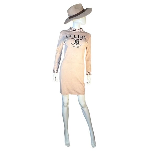 Celine Paris Form fitting Logo Detail Sweater Dress Tan/Beige sz M - Picture 1 of 10